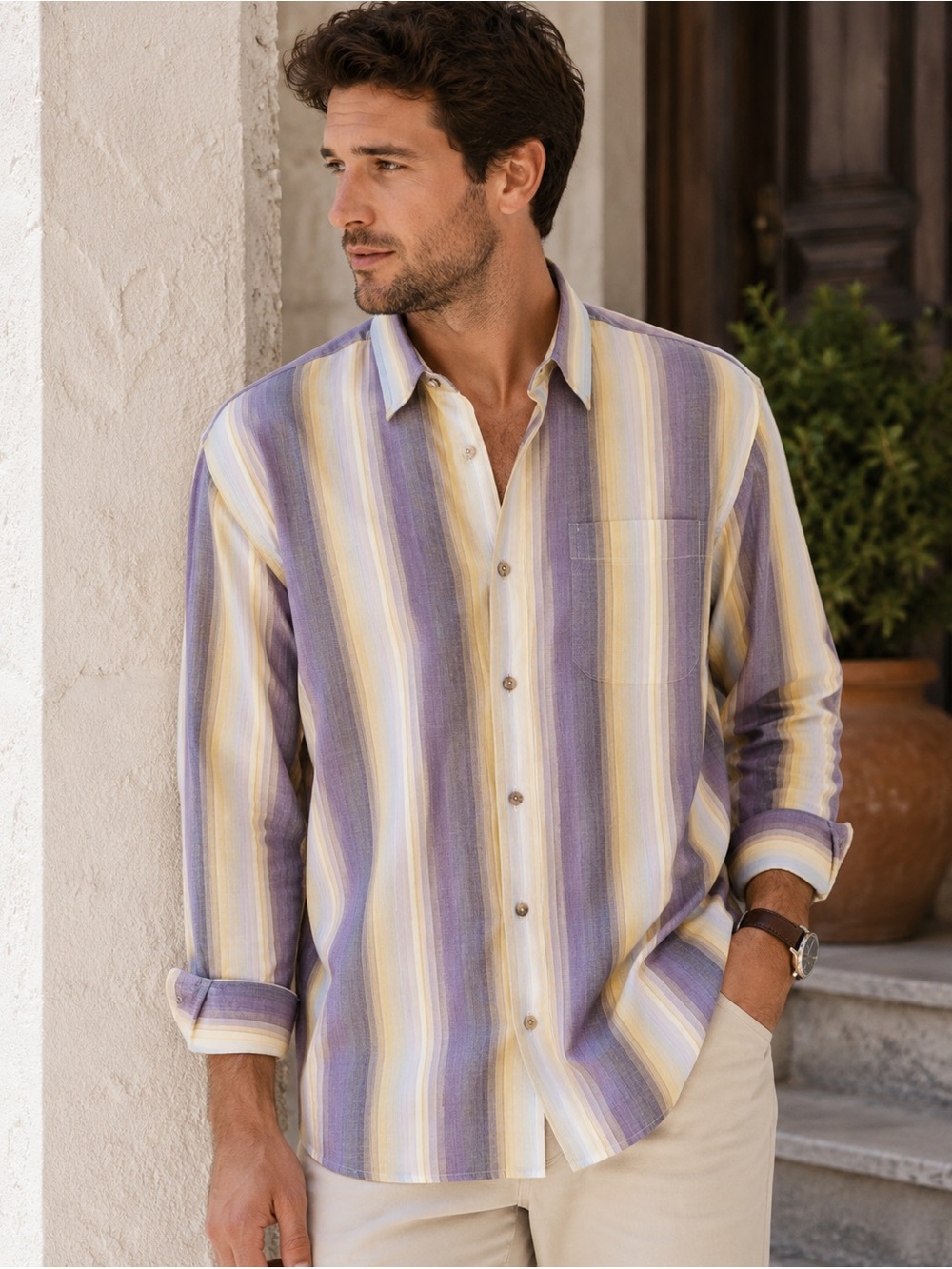 Mens Large Purple Yellow Stripe Button Down Shirt Cotton Pastel Long Sleeve